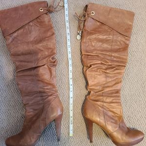 7.5 Jessica Simpson over the knee scrunch light brown leather heeled boots